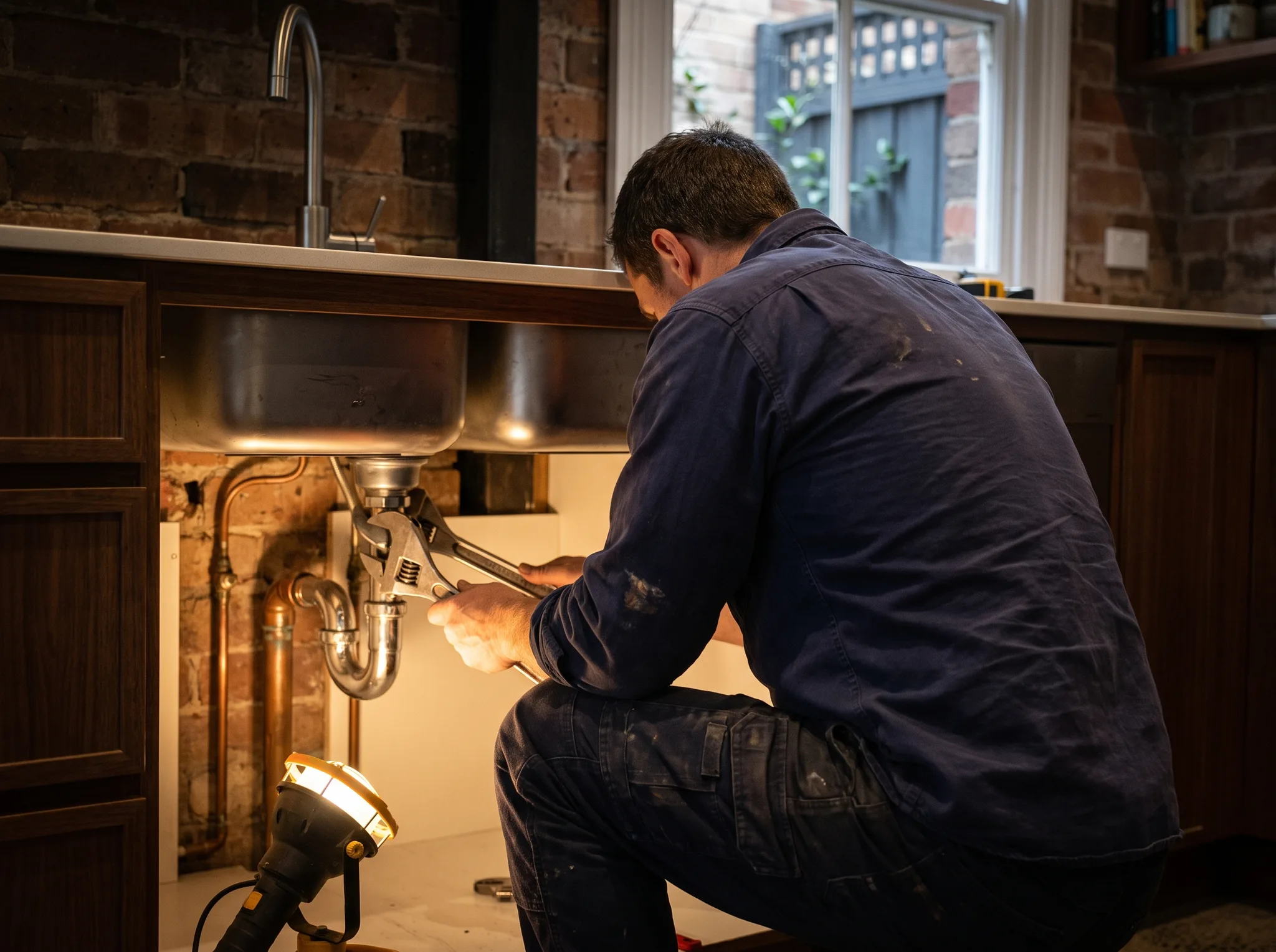 Plumber working under a kitchen sink in warm light